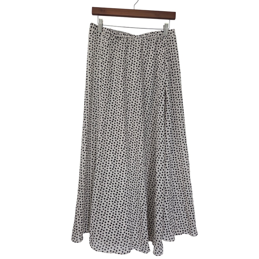 Max Studio Polka Dot A-Line Midi Skirt Pull-On Womens Large Ivory Black NWOT